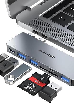 Компактный алюминиевый 6-в-2 usb type c хаб для macbook pro, macbook air (m1, m2, m3; модели 2016–2023 гг., 13–16 дюймов)