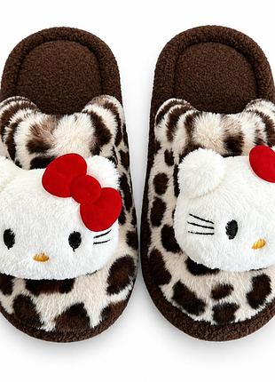 Женские теплые домашние тапочки hello kitty с леопардовым принтом, коричневые, размер 39