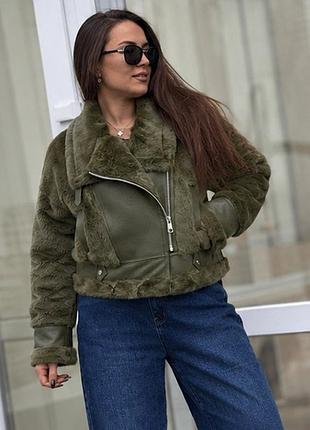 Женская зимняя комбинированная шуба-дублянка хаки с, м, л 42
