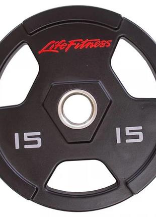 Блины (диски) для штанги, грифа, гантелей полиуретановые life fitness gc-80154-15, 51 мм 15 кг, цвет черный