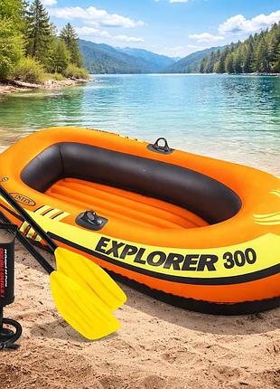 Надувная лодка трехместная двухкамерная intex 58332 np explorer 300 с пластиковыми веслами и ручным насосом 211х117х41 см