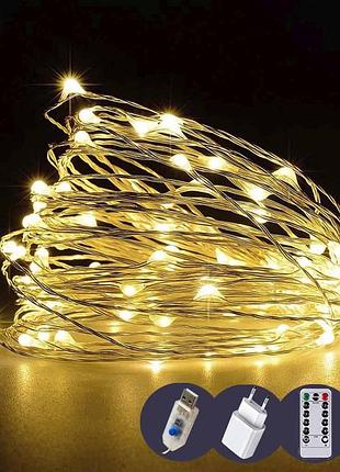 Роса led 20м, реле режимов +usb, пульт ду, теплый белый ( )