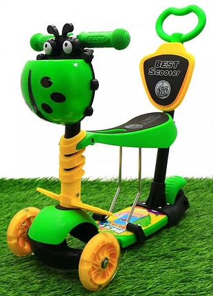 Самокат беговел детский 5в1 best scooter 28465 зелёный с родительской ручкой и сиденьем, колеса светятся