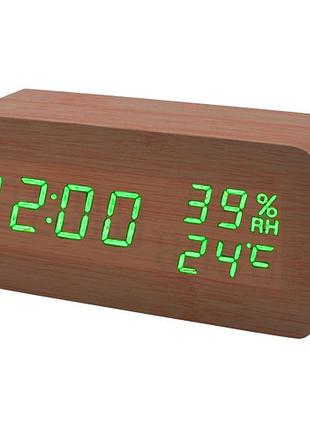 Годинник мережевий зелений, (корпус коричневий) температура, вологість, usb