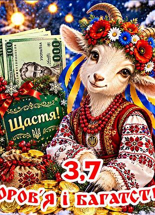 Магнит коза символ 2027 год козы es3,7 новогодний подарок магниты с пожеланиями 6,5х6,5см здоров'я і багатства