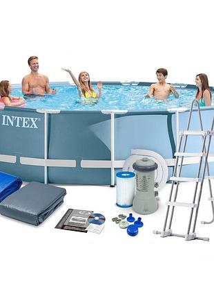 Каркасний басейн intex 26726 457 x 122 см (картриджний фільтр 3 785 л/год), сходи, тент, підстилка