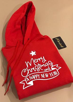 Жіноча новорічна толстовка/худі червоного кольору "merry christmas!".