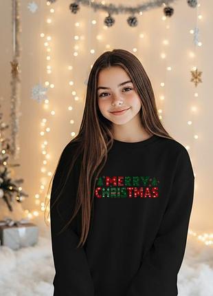 Теплый свитшот для зимних праздников. оверсайз кофта с надписью merry christmas 134-146, черный