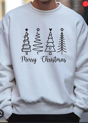 Свитшот белый новогодний "merry christmas" с ёлками