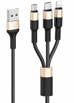 Дата кабель hoco x26 xpress 3in1 usb to lightning/type-c/microusb 2a (1.2m) черный / золотой