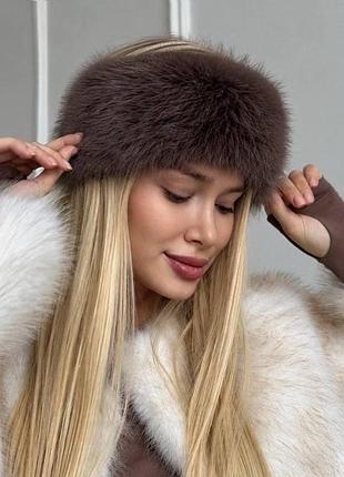 Жіноча тепла хутряна пов'язка на голову зі штучного хутра песець arctic коричнева