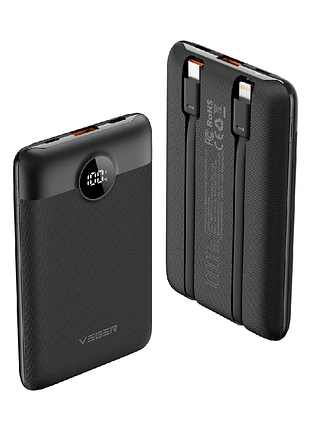 Зовнішній акумулятор veger mah with built-in cables type c / lightning pd., ( ) black ( )