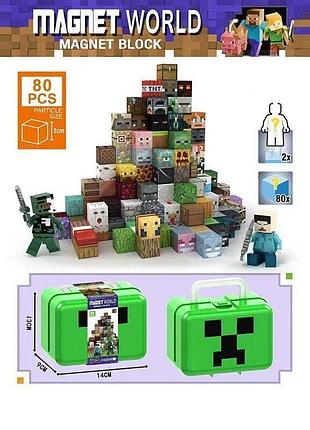 Магнитный конструктор майнкрафт minecraft 80 элементов + 2 фигурки, ребро кубика: 2 см, в боксе