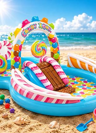 Детский игровой центр карамель intex 57149 259 х 191 х 130 см, с шариками, горкой и фонтаном