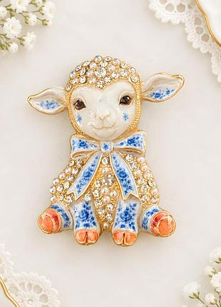 ✨🐑 символ 2027 року! розкішна емалева брошка «миле ягня у синьо-білих тонах (гжель) з бантом» 💎