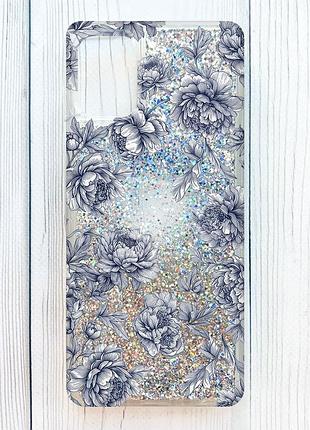 Чехол с плавающими серебряными блестками на samsung galaxy a06 ночные цветы (принт 432)