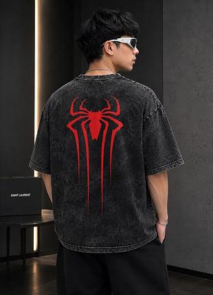Варена футболка оверсайз «spider-man» — чорна футболка з червоним принтом людина-павук l, фіолетовий