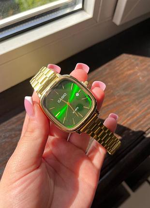 Мужские часы casio quartz gold/green — кварцевый, золотой корпус, зеленый циферблат, классический дизайн