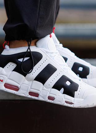 Мужские кроссовки nike air more uptempo low белые с черным демисезонные из натуральной кожи повседневные трендовые для мужчин найк