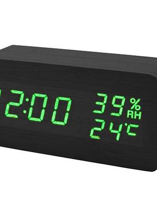 Годинник мережевий зелений, (корпус чорний) температура, вологість, usb