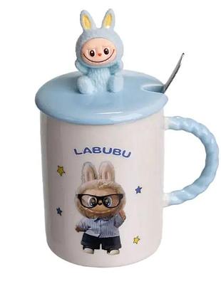 Чашка фарфоровая с крышкой и ложкой labubu 300 мл голубой fm-35b