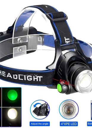 Ліхтар налобний (white+red+blue+green),, зп type-c, zoom, box