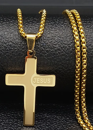 Кулон мужской с цепочкой "jesus" cross, подвеска из нержавеющей стали золотистый