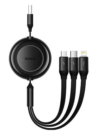 Кабель baseus retractable crystal fast charging data cable usb to m+l+c.. cluster black (p )