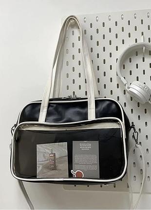 Стильна чорна сумка (ita bag)  з прозорою кишенею (естетика jirai kei / y2k)