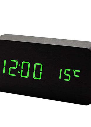 Годинник мережевий зелений, (корпус чорний) температура, usb
