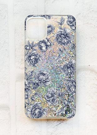 Чехол с плавающими серебряными блестками на iphone 11 ночные цветы (принт 432)