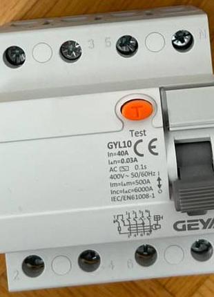 Чотириполюсне узо 40а 30ма 400в для трифазної мережі geya gyl10 (ріле захисту від витоку струму)