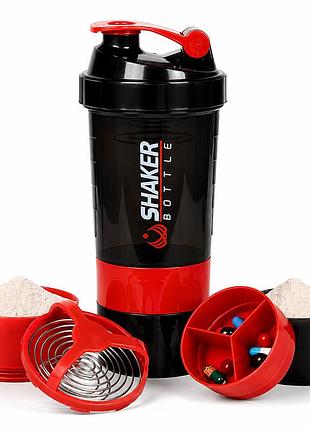 Шейкер спортивний apx shakerbottle, 500 мл, з двома контейнерами 150 та 200 мл і відсіком для вітамінів, bpa free, червоний