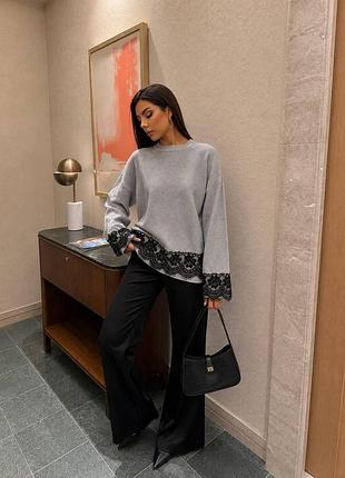 Жіночий в'язаний кардиган з мереживом оверсайз (сірий, чорний) 42-48