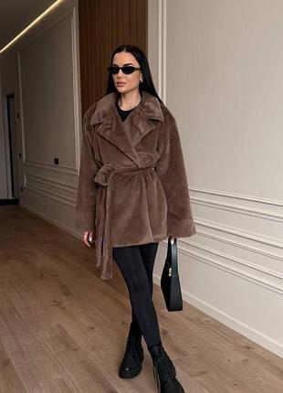 Женская короткая шуба из экомеха на запах с поясом 42-48