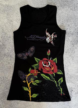 Вінтажна сукня ed hardy christian audigier тату стрази y2k міні сукня облягаюча s