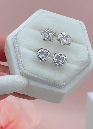 Сережки для жінок срібні зірочки та серця з кубічним цирконієм