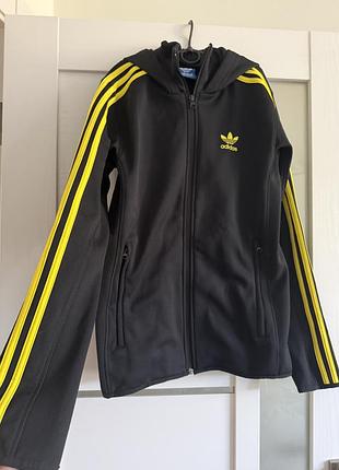 Спортивна кофта чоловіча adidas чорна з жовтими смужками на флісі