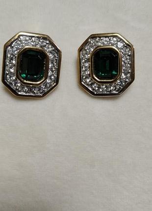 Сережки для жінок swarovski вінтажні золотисті з зеленим каменем та кристалами