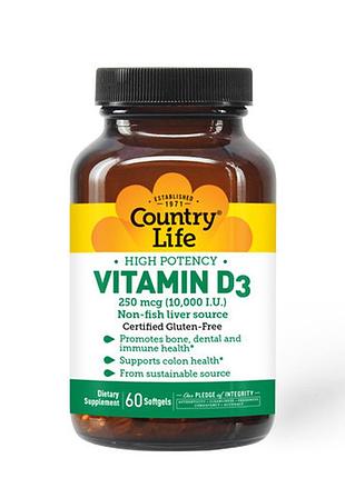 Витамины и минералы country life high potency vitamin d3 10000 iu, 60 капсул