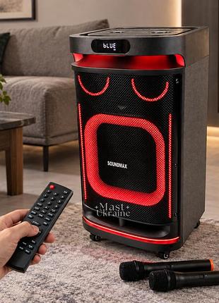 Колонка аккумуляторная 10" soundmax с микрофонами и на колесах, с led-подсветкой, fm-радио, tms-10291