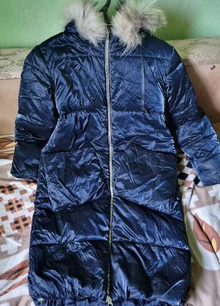 Пуховик для дівчинки, синій, з хутром