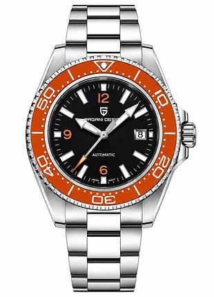 Чоловічий механічний годинник pagani design pd-ys034 silver-orange-black steel зі сталевим браслетом