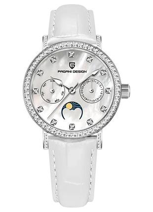 Жіночий годинник pagani design pd-1789 silver-white-white leather з фазами місяця та сапфіровим склом