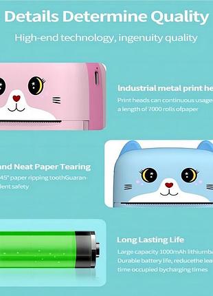 Дитячий термопринтер cat printer pink, bluetooth, зп type-c 10