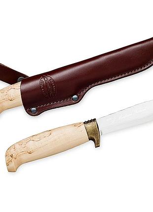 Нож marttiini deluxe skinner длина лезвия 11 см (167014) с рукоятью из карельской берёзы и кожаными ножнами