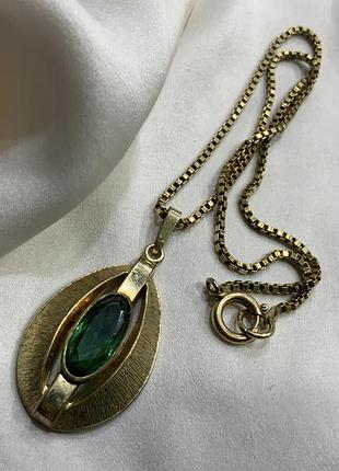 💚✨🟢 изумрудное сияние mid-century винтажный позолоченный кулон и цепочка amerikaner doublé bm нитевичка 1960и 🟢✨💚