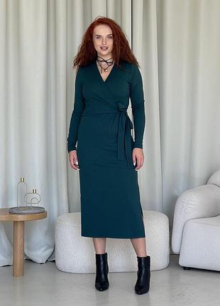 Тепла довга сукня на запах в рубчик на флісі зелена merlini аппо 700001444 4xl/5xl