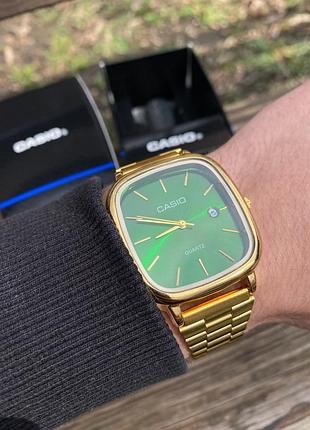 Мужские часы casio quartz gold/green — кварцевый, золотой корпус, зеленый циферблат, классический дизайн