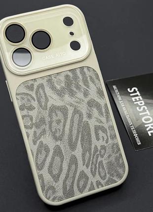 Чехол для iphone 14 pro max 6.7 с линзами на камеру леопардовый матовый текстурный glass leopard case молочный